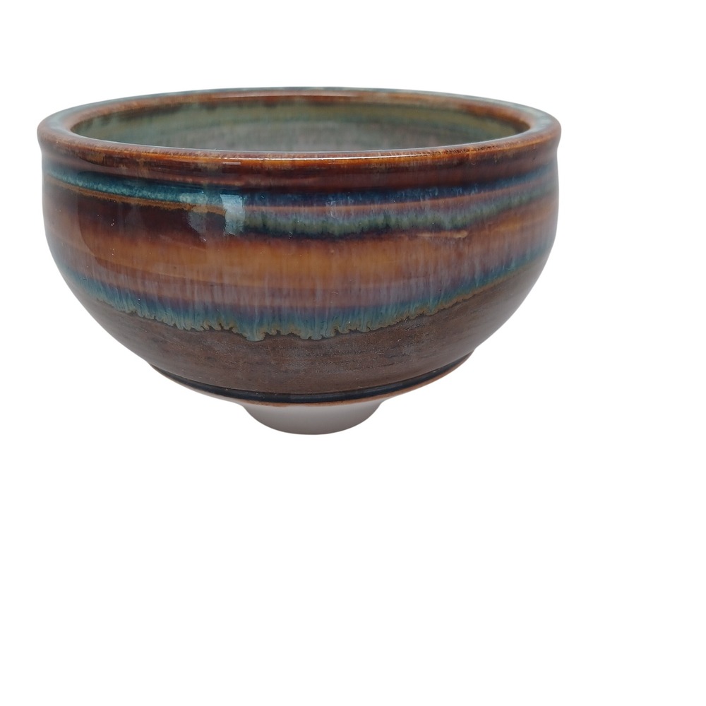 Studio Pottery Handcrafted Drip Glaze Ceramic Footed Bowl Brown Teal Artisan